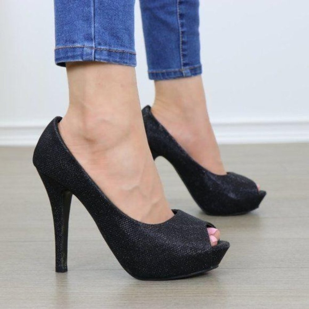 Peep Toe Platform Stiletto Glittery Fabric Heels